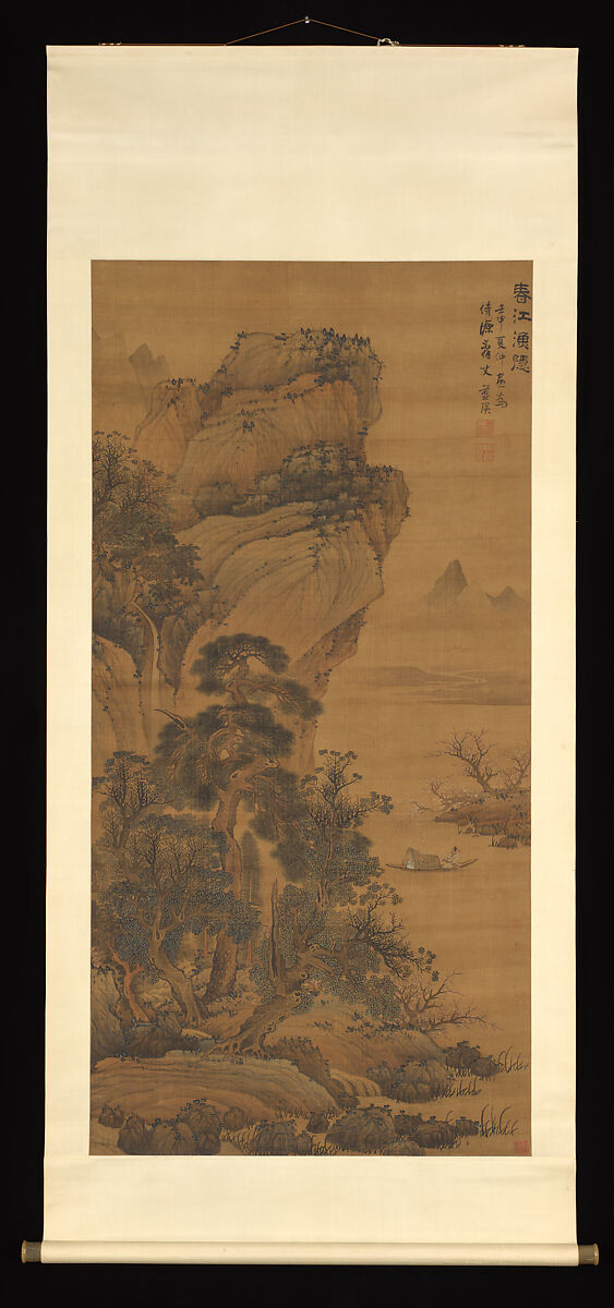 Hermit-Fisherman on a Spring River, Lan Ying (Chinese, 1585–1664), Hanging scroll; ink and color on silk, China