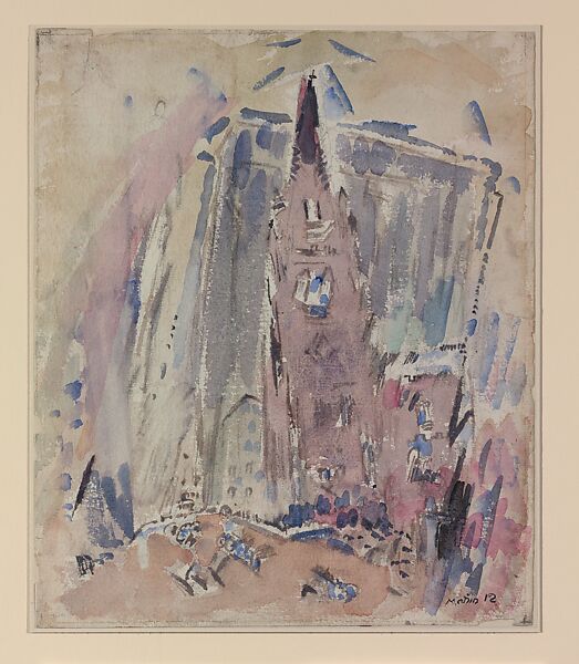 Broadway, Trinity Church, John Marin (American, Rutherford, New Jersey 1870–1953 Cape Split, Maine), Watercolor and graphite on paper mounted on board 