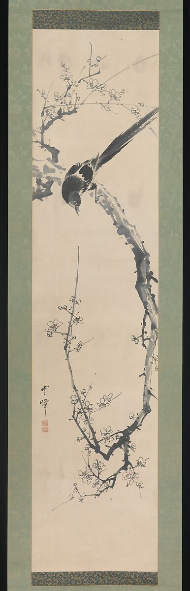Bird and Plum Blossoms, Unpō (Japanese, 1765–1848), Hanging scroll; ink on paper, Japan 