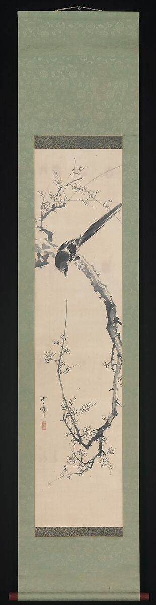 Bird and Plum Blossoms, Unpō (Japanese, 1765–1848), Hanging scroll; ink on paper, Japan