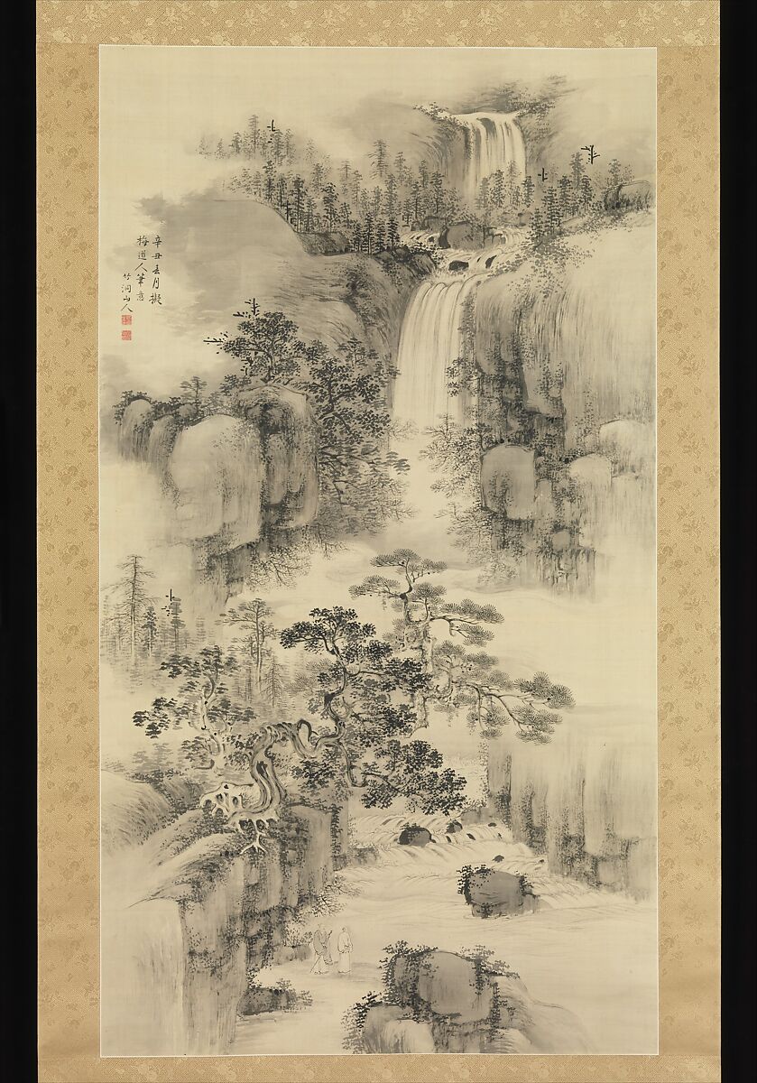 Landscape with Waterfall, Nakabayashi Chikutō (Japanese, 1776–1853), Hanging scroll; ink on paper, Japan 