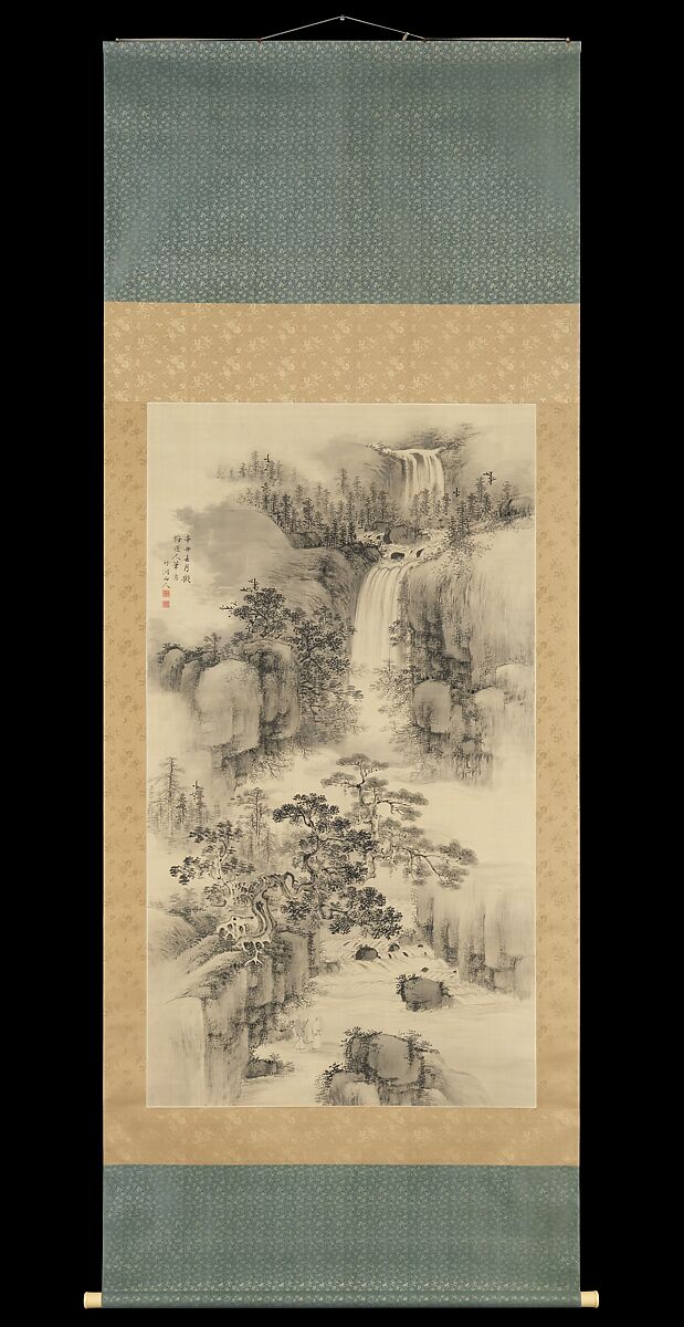 Landscape with Waterfall, Nakabayashi Chikutō (Japanese, 1776–1853), Hanging scroll; ink on paper, Japan