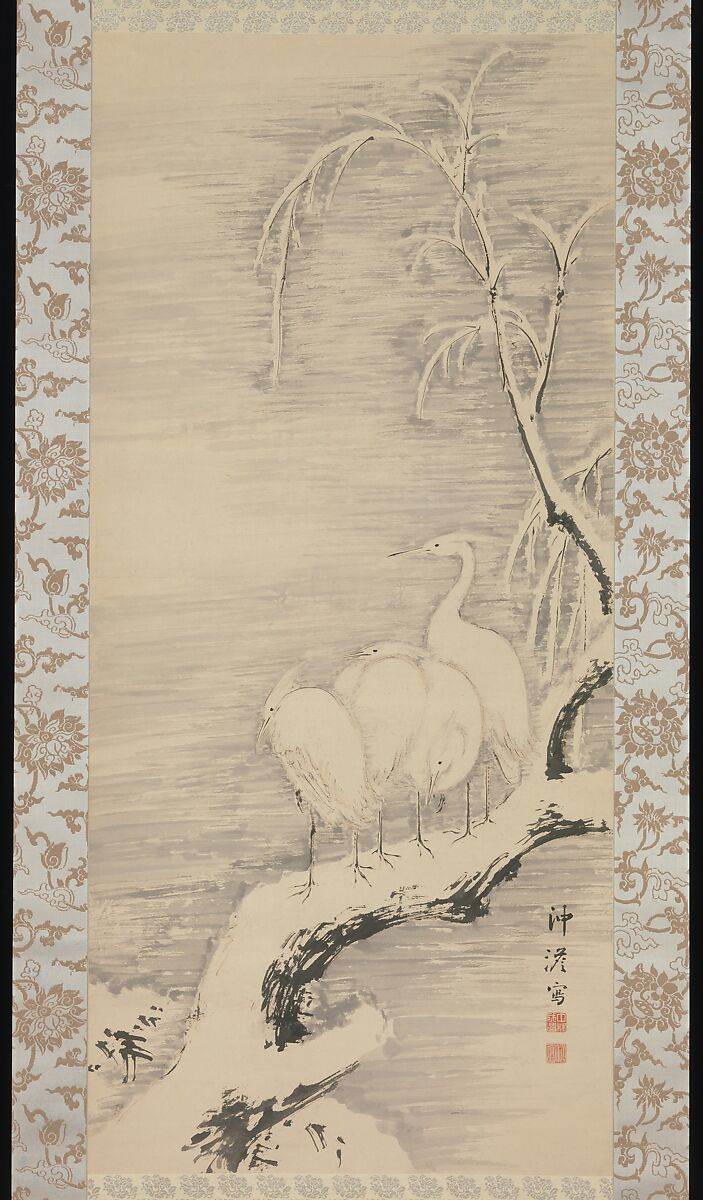Herons in the Snow, Nakabayashi Chikutō (Japanese, 1776–1853), Hanging scroll; ink on paper, Japan 