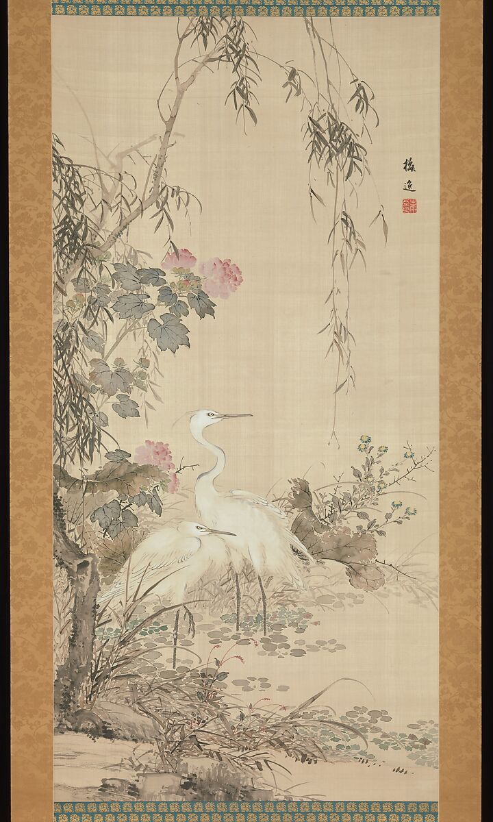 Egrets, Peonies, and Willows, Yamamoto Baiitsu (Japanese, 1783–1856), Hanging scroll; color on silk, Japan 