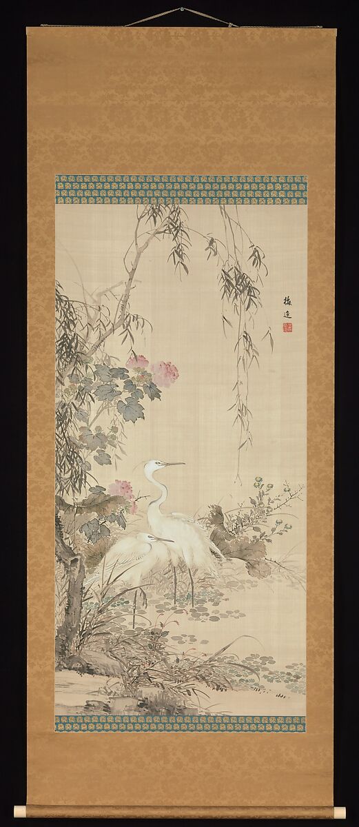 Egrets, Peonies, and Willows, Yamamoto Baiitsu (Japanese, 1783–1856), Hanging scroll; color on silk, Japan