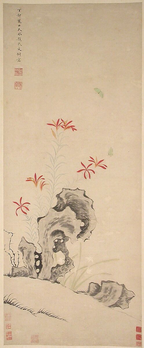Rock, Tiger Lily and Orchid, Unidentified artist, Hanging scroll; ink and color on paper, China 