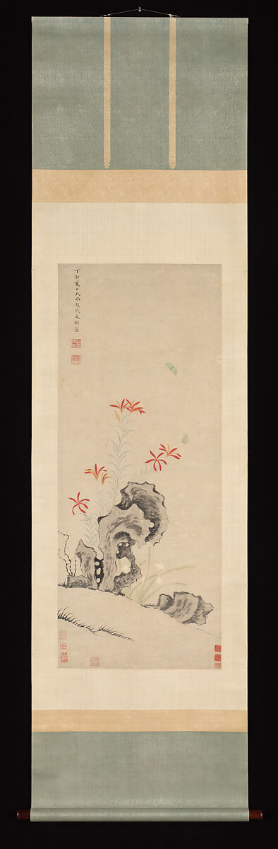 Rock, Tiger Lily and Orchid, Unidentified artist, Hanging scroll; ink and color on paper, China