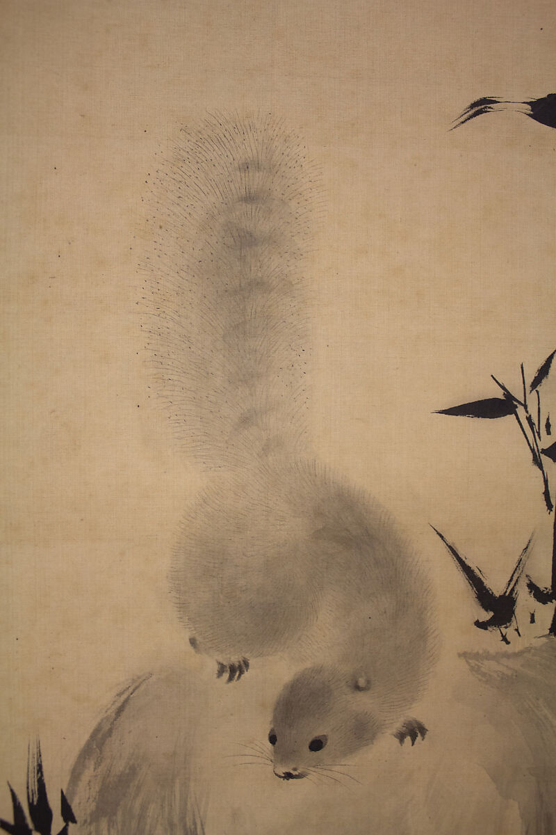 Squirrels on Bamboo and Rock, Mochizuki Gyokusen 望月玉川 (Japanese, 1794–1852), Hanging scroll; ink on silk, Japan