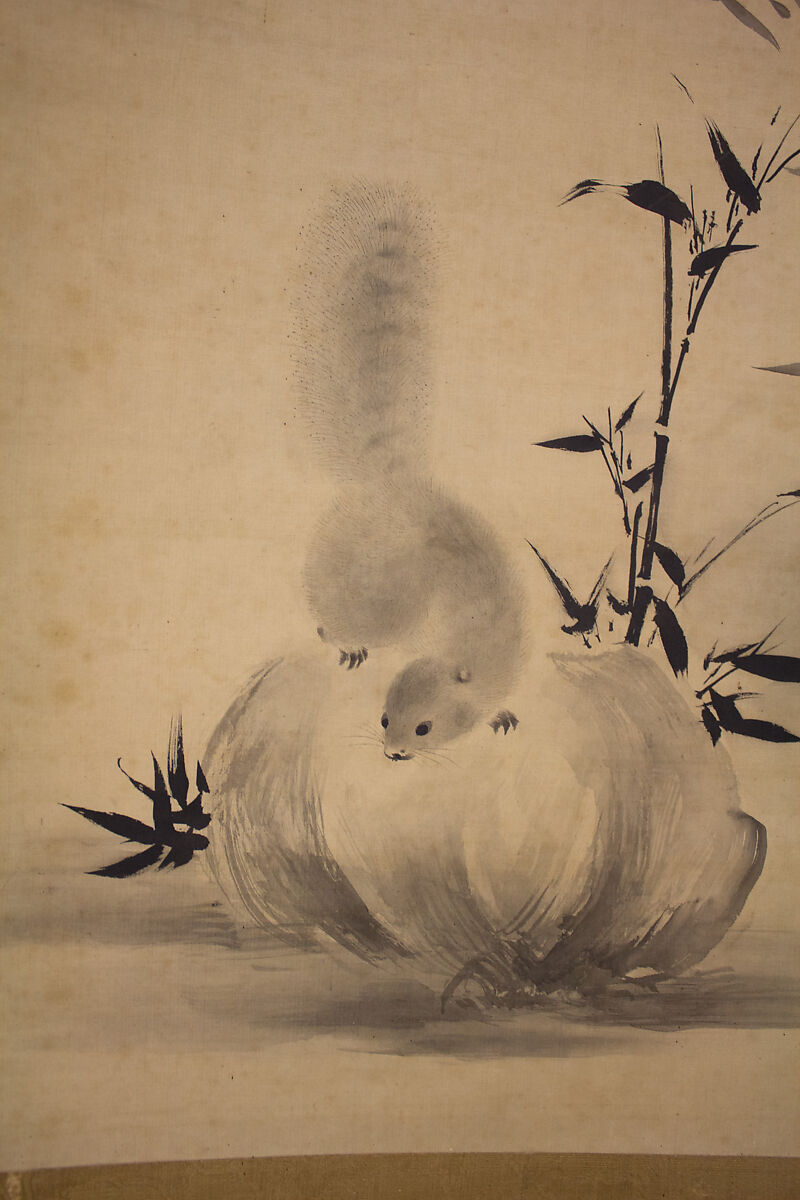 Squirrels on Bamboo and Rock, Mochizuki Gyokusen 望月玉川 (Japanese, 1794–1852), Hanging scroll; ink on silk, Japan