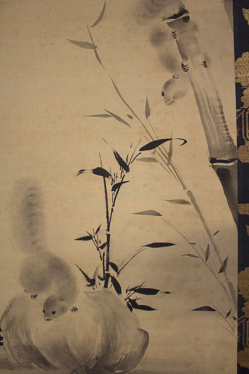 Squirrels on Bamboo and Rock, Mochizuki Gyokusen 望月玉川 (Japanese, 1794–1852), Hanging scroll; ink on silk, Japan