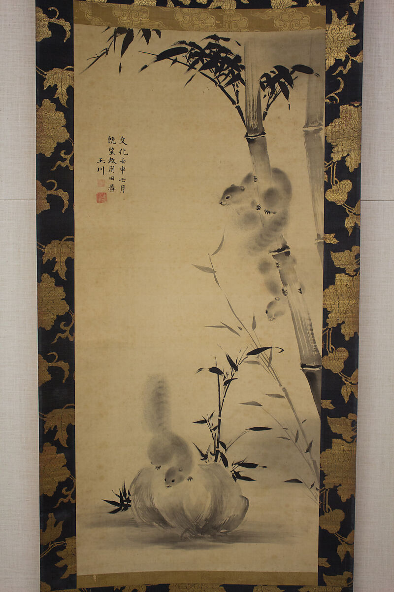 Squirrels on Bamboo and Rock, Mochizuki Gyokusen 望月玉川 (Japanese, 1794–1852), Hanging scroll; ink on silk, Japan 