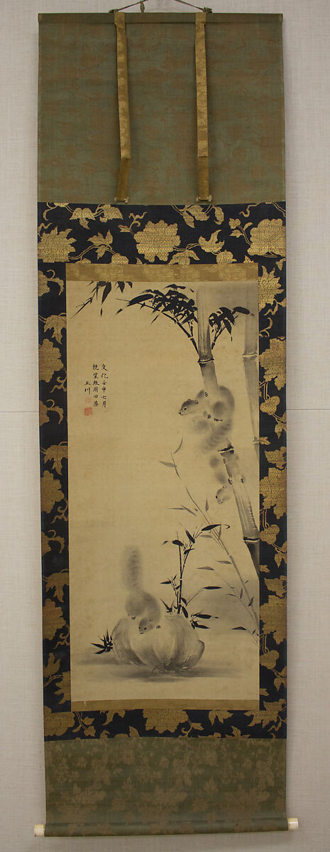 Squirrels on Bamboo and Rock, Mochizuki Gyokusen 望月玉川 (Japanese, 1794–1852), Hanging scroll; ink on silk, Japan
