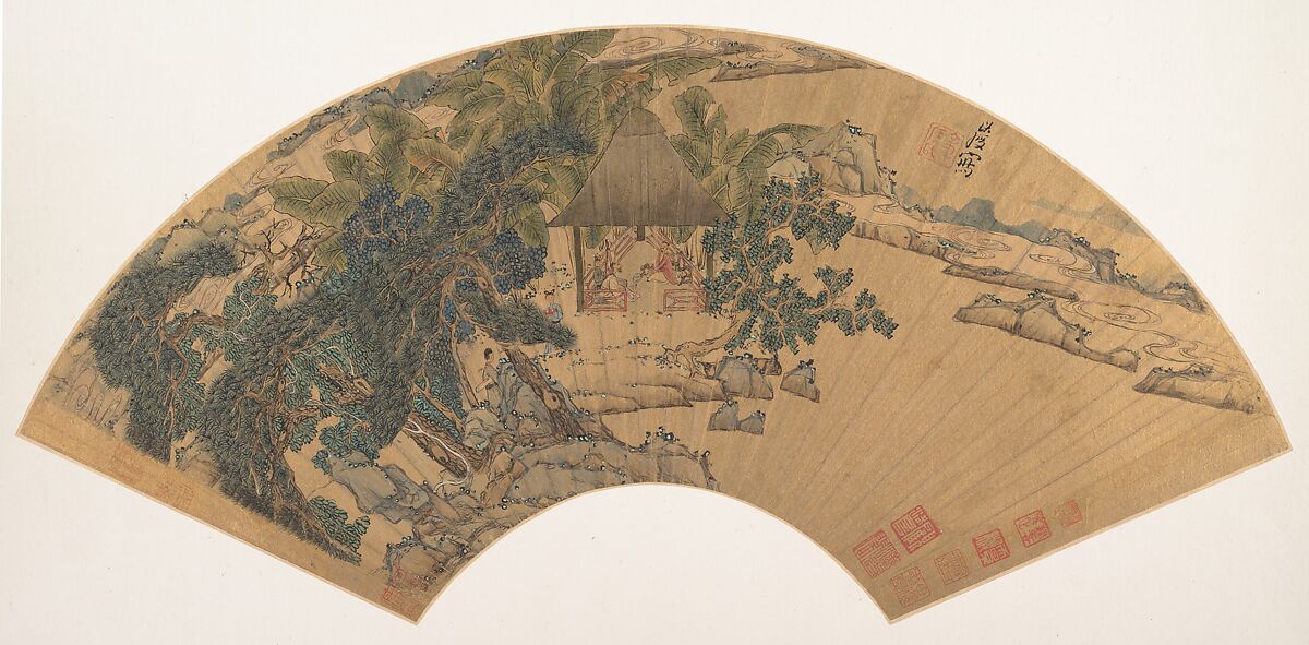 Landscape, Chen Hongshou (Chinese, 1598/99–1652), Folding fan mounted as an album leaf; ink and color on gold paper, China 
