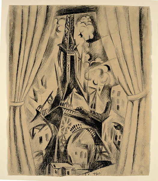 The Eiffel Tower and Curtain, Robert Delaunay  French, Lithograph crayon on brown paper