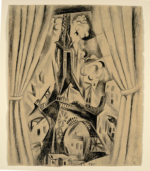 The Eiffel Tower and Curtain, Robert Delaunay (French, Paris 1885–1941 Montpellier), Lithograph crayon on brown paper 