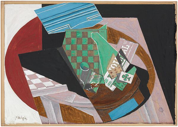Checkerboard and Playing Cards, Juan Gris (Spanish, Madrid 1887–1927 Boulogne-sur-Seine), Gouache, graphite, and resin on cream-colored wove paper, mounted to paperboard 