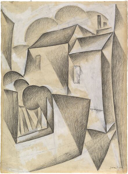 Houses in Paris, Place Ravignan, Juan Gris (Spanish, Madrid 1887–1927 Boulogne-sur-Seine), Black chalk and gouache on white laid paper 