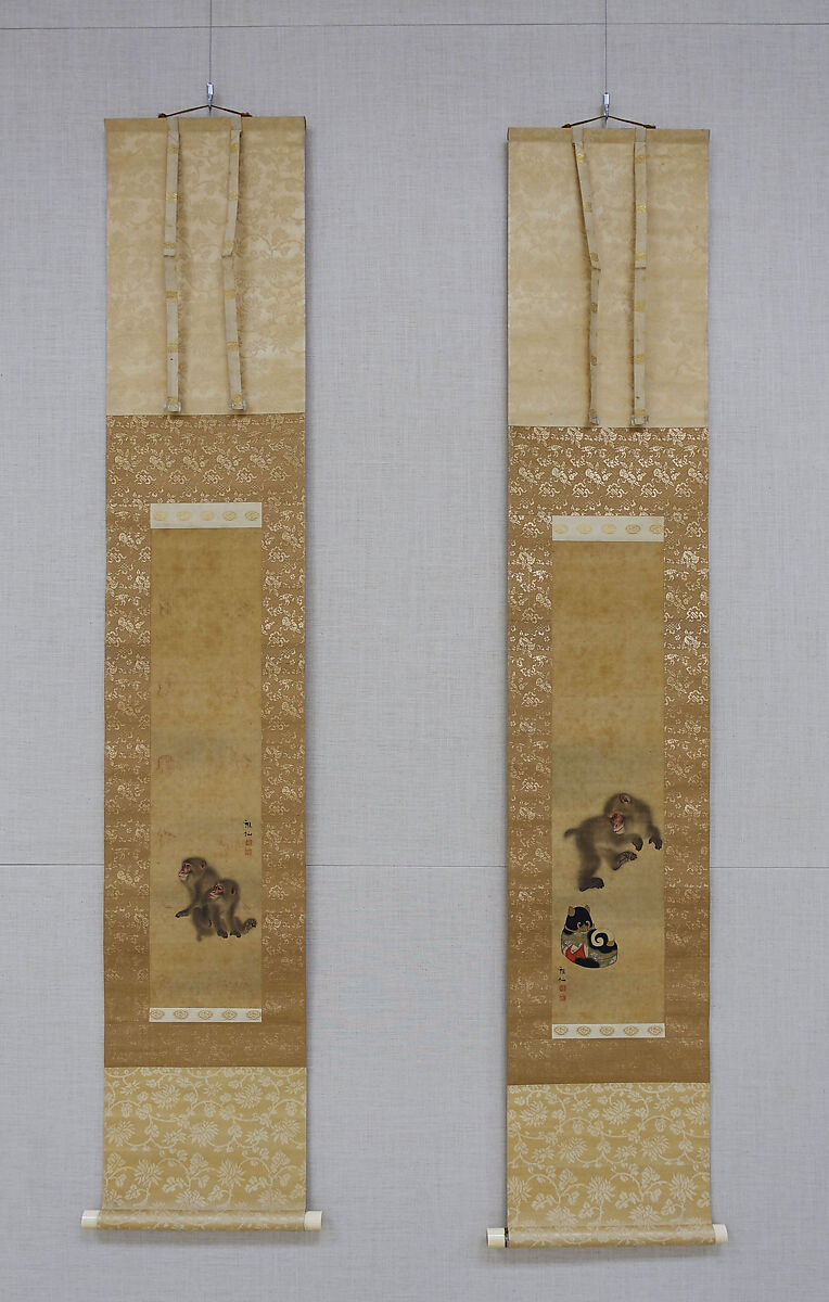 Monkeys at Play, Mori Sosen (Japanese, 1747–1821), Diptych of hanging scrolls; ink and color on silk, Japan 