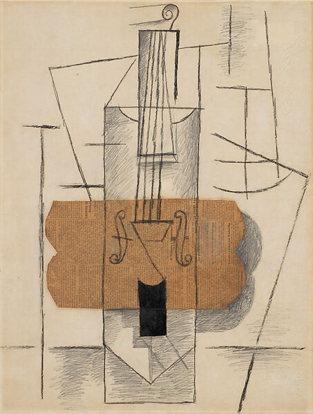 Composition with Violin, Pablo Picasso (Spanish, Malaga 1881–1973 Mougins, France), Cut-and-pasted newspaper, graphite, charcoal, and ink on white laid paper; subsequently mounted to paperboard 