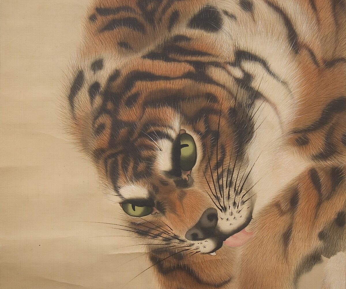 Tiger, Gan Ku (Japanese, 1749–1838), Hanging scroll; ink and color on silk, Japan