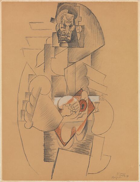 Bearded Man Playing Guitar, Pablo Picasso  Spanish, Graphite, watercolor, and gouache on tan wove paper; subsequently mounted to paperboard
