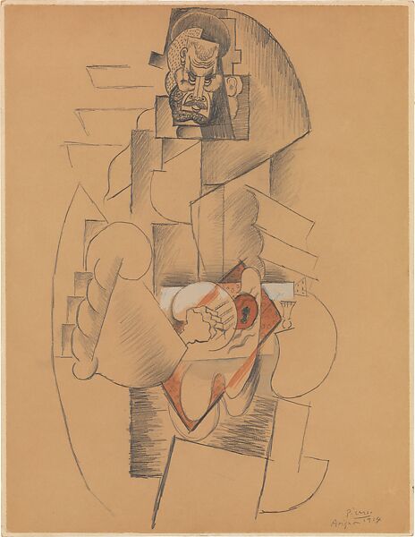 Bearded Man Playing Guitar, Pablo Picasso (Spanish, Malaga 1881–1973 Mougins, France), Graphite, watercolor, and gouache on tan wove paper; subsequently mounted to paperboard 