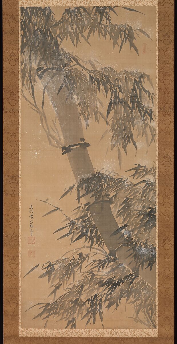 Bamboo in Snow, Taihō Shōkon (1691–1774), Pair of hanging scrolls; ink on silk, Japan 