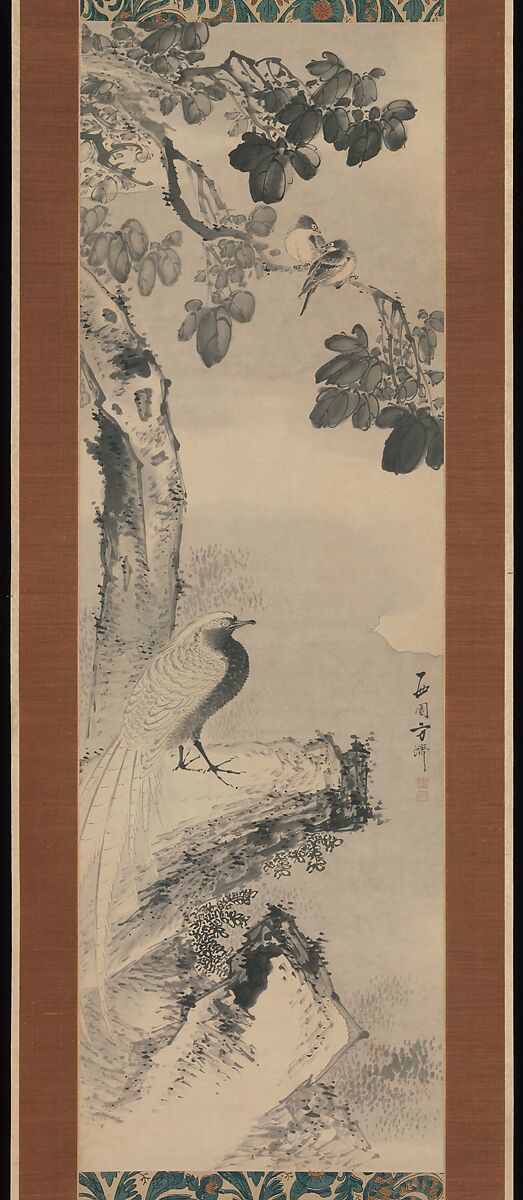 Pheasant beneath Paulownia Tree, Saien Hōsai (Xiyua Fangqi) (1736?–?1795), Hanging scroll; ink on paper, Japan 