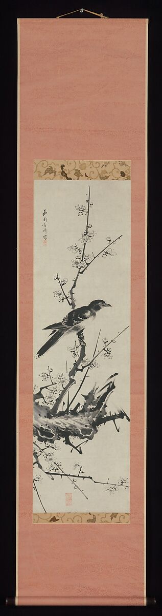 Mynah Bird on Plum Branch, Saien Hōsai (Xiyua Fangqi) (1736?–?1795), Hanging scroll; ink on paper, Japan