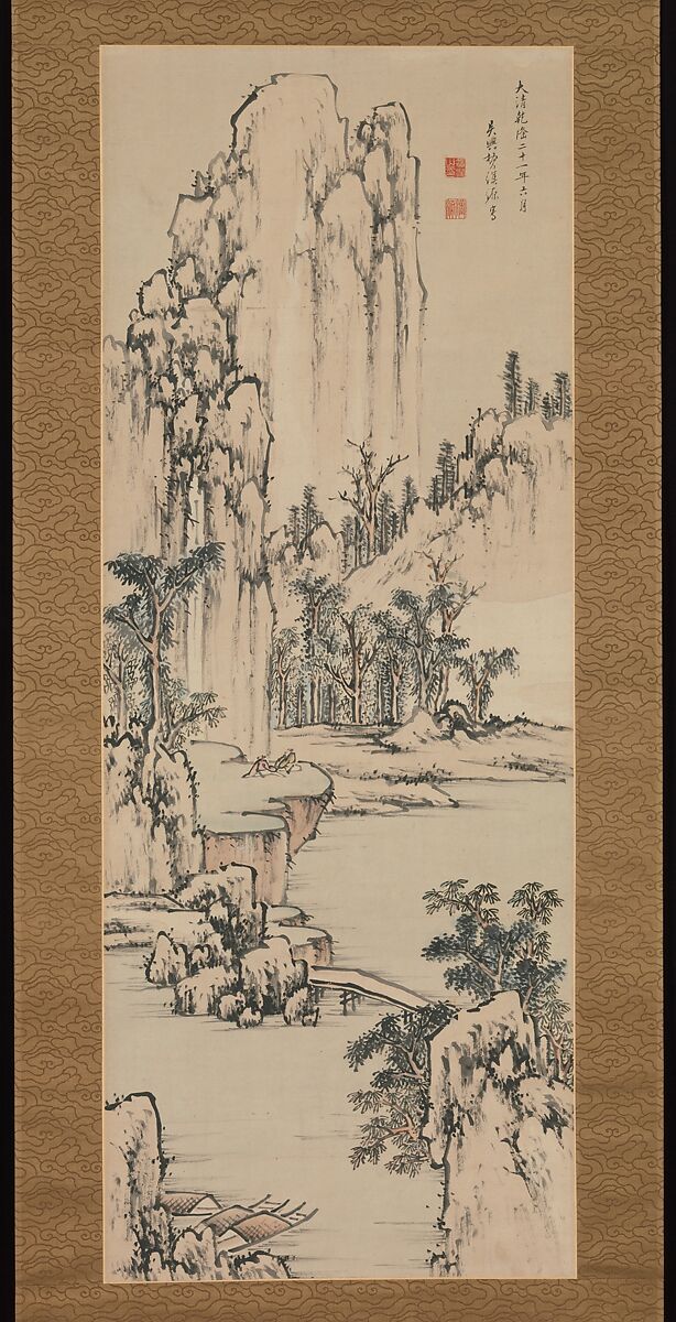 Landscape, Hi Kangen (active 18th century), Hanging scroll; ink and color on paper, Japan 