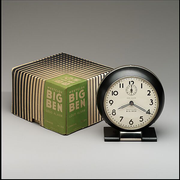 "Big Ben" Alarm Clock with Original Box, Henry Dreyfuss (American, New York 1904–1972 South Pasedena, California), Metal, chrome-plated metal, enamel, printed cardboard 