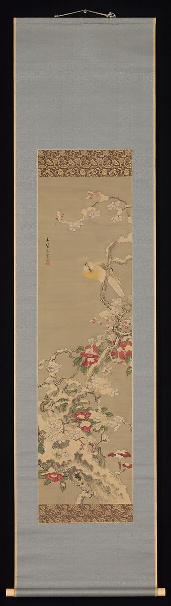 Bird among Camellias in Snow, Sō Shiseki (Japanese, 1715–1786), Hanging scroll; ink and color on silk, Japan