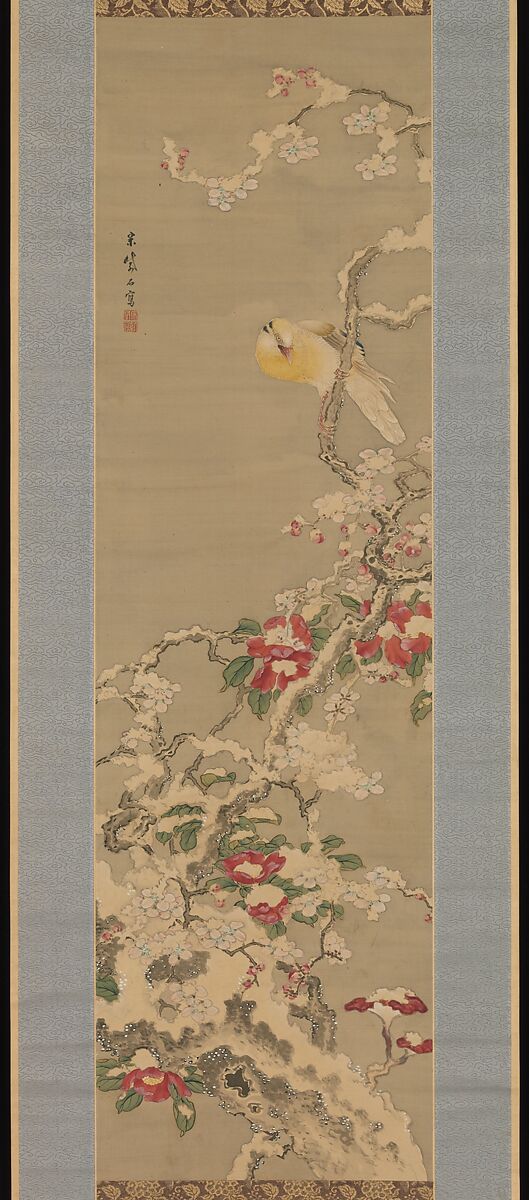 Bird among Camellias in Snow, Sō Shiseki (Japanese, 1715–1786), Hanging scroll; ink and color on silk, Japan 