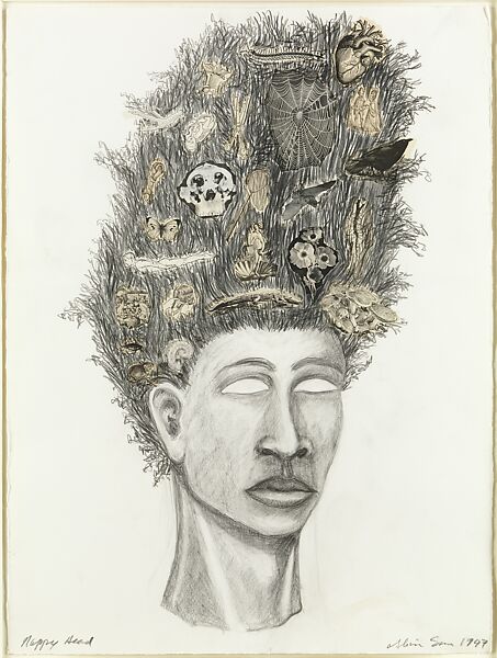 Nappy Head #1, Alison Saar (American, born Los Angeles, California, 1956), Graphite, cut and pasted printed papers on paper 