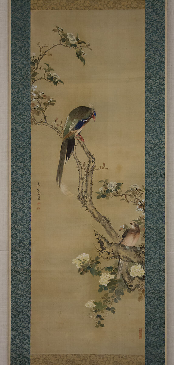 Birds and Flowers, Sō Shiseki (Japanese, 1715–1786), Hanging scroll; ink and color on silk, Japan 