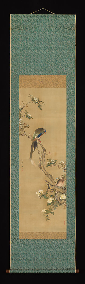 Birds and Flowers, Sō Shiseki (Japanese, 1715–1786), Hanging scroll; ink and color on silk, Japan