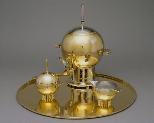 Prototype tea service, Eliel Saarinen (American (born Finland), Rantasalmi 1873–1950 Bloomfield Hills, Michigan), Electroplated nickel silver, brass, and Bakelite 