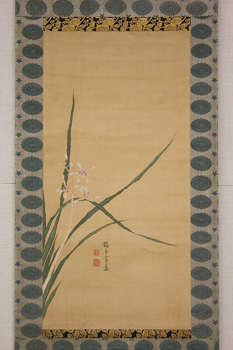 Pink Orchid, Attributed to Kakutei (Japanese, 1722–1785), Hanging scroll; ink and color on silk, Japan 