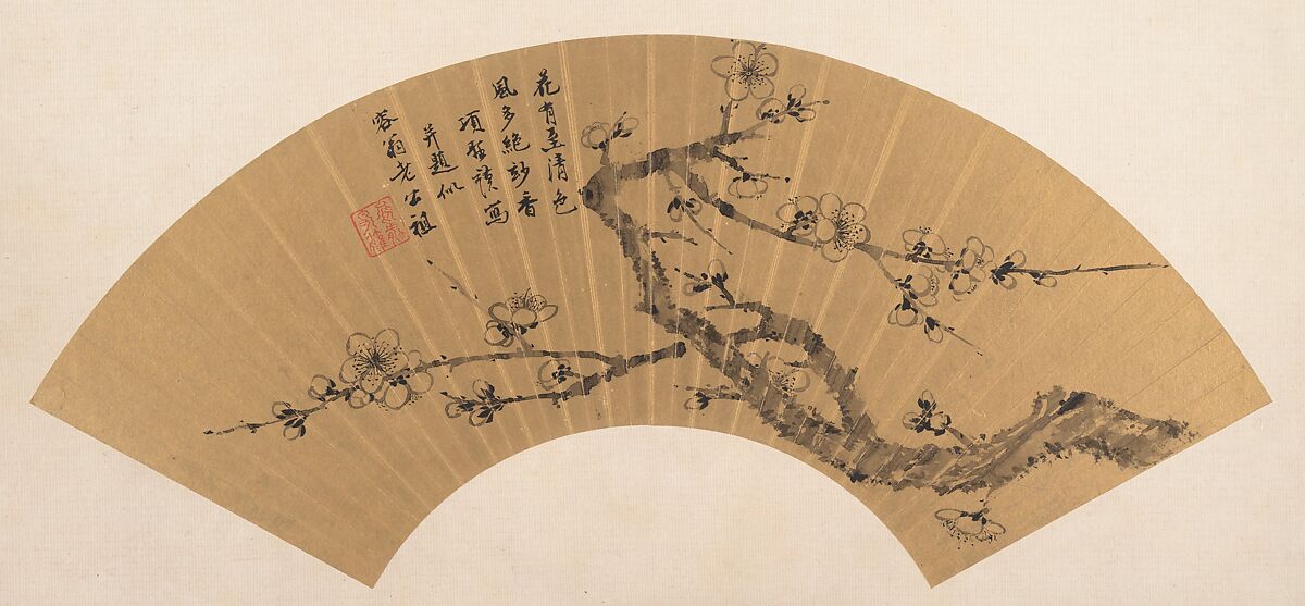 Branch of Blossoming Plum, Xiang Shengmo (Chinese, 1597–1658), Folding fan mounted as an album leaf; ink on gold paper, China 