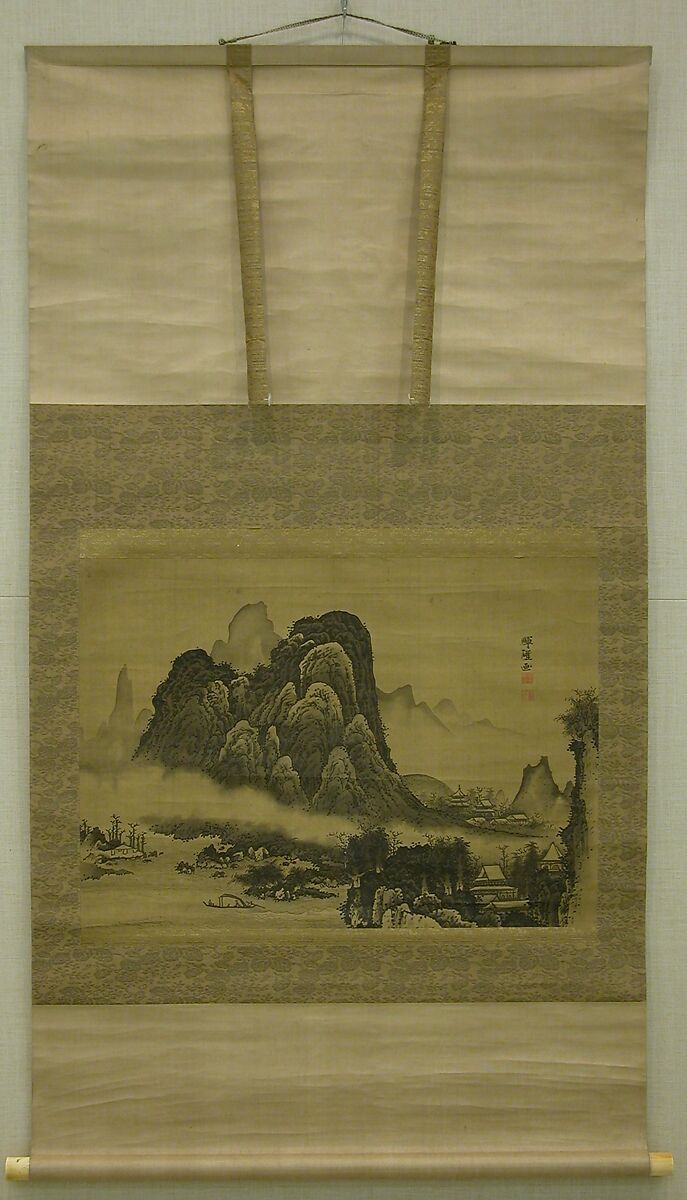 Mountain Landscape, Soga Shōhaku (Japanese, 1730–1781), Hanging scroll; ink and color on silk, Japan
