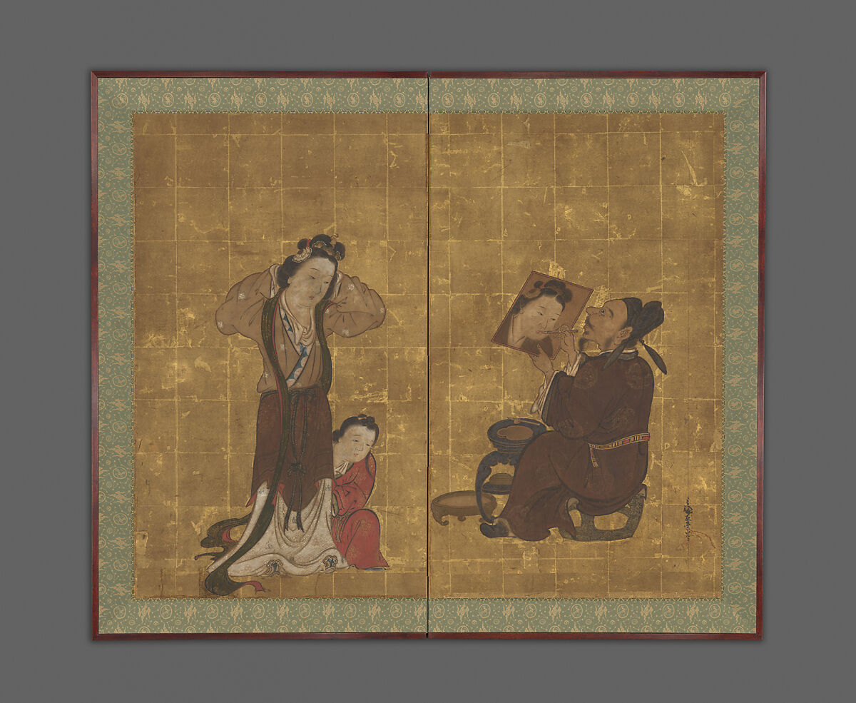 Chinese Portrait Painter, Miwa Zaiei (died 1789), Two-panel folding screen; ink, color, and gold on paper, Japan 