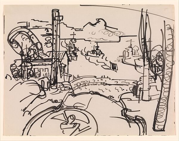 View of J. Halley House, Point Richmond, San Francisco Bay, California, Hans Hofmann (American (born Germany), Wessenburg 1880–1966 New York), Ink on paper 