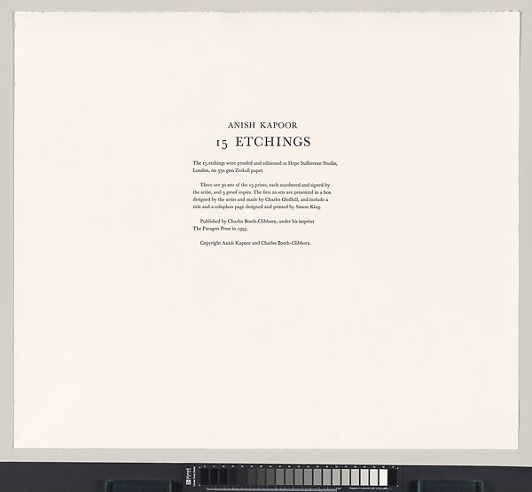 15 Etchings, Anish Kapoor (British born India 1954), Portfolio of 15 etchings, title page, colophon and velvet covered box