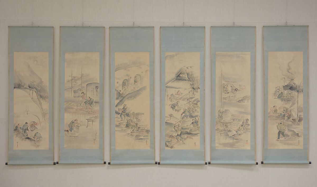 Making Ceramics, Eiraku Hozen (Japanese, 1795–1854), Hanging scroll; ink and color on paper, Japan