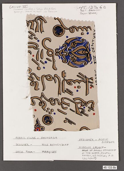 Piece, Fritzi Reckendorf, Rayon (Enka), printed, American 