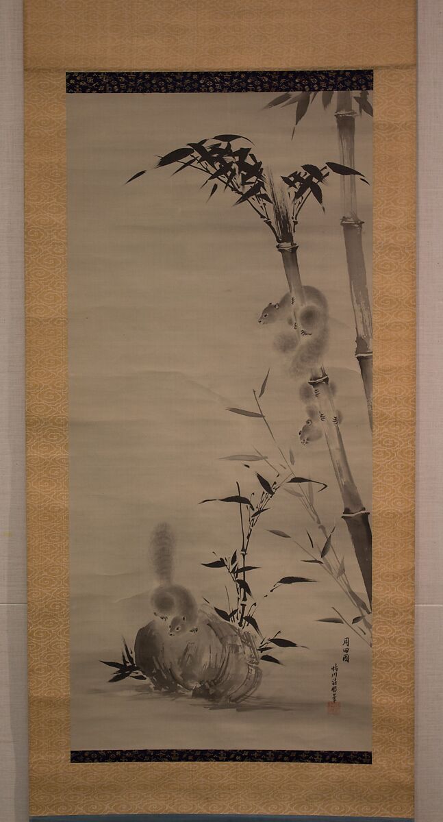 Squirrels on Bamboo and Rock, Kano Osanobu (Japanese, 1796–1846), Hanging scroll; ink on silk, Japan 