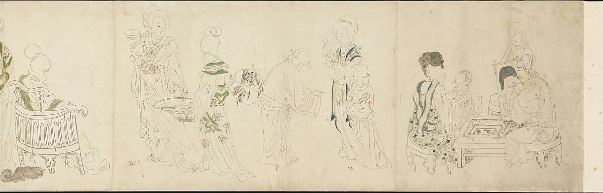 Spring Morning in the Tang Court, In the Style of Zhou Wenju (Chinese, active 940–975), Handscroll; ink and color on paper, Japan 