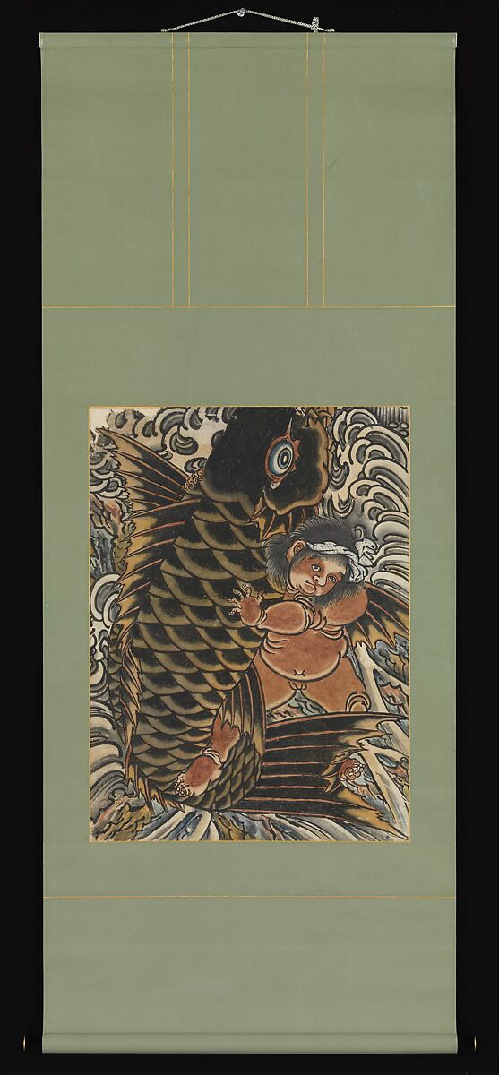 Kintaro with Carp, Hanging scroll; hand-colored woodblock print, Japan