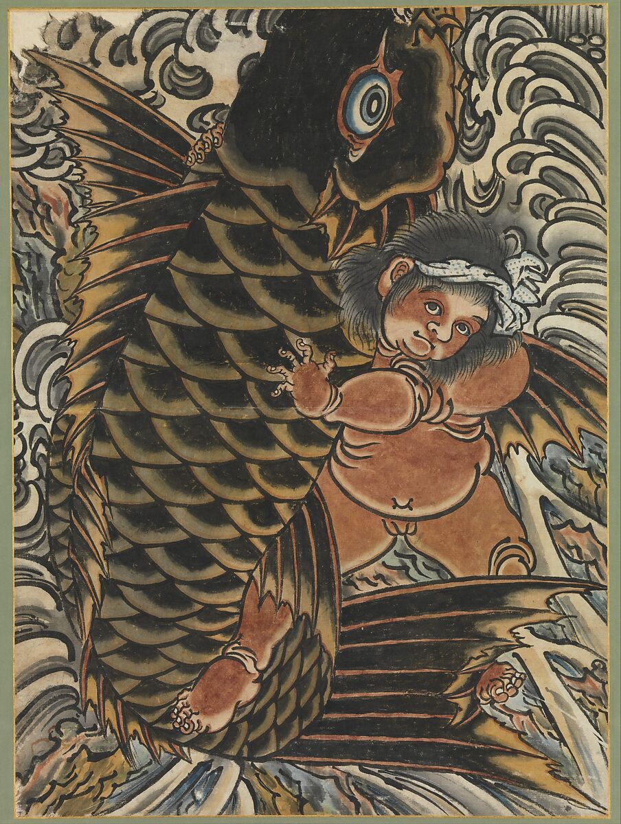 Kintaro with Carp, Hanging scroll; hand-colored woodblock print, Japan 