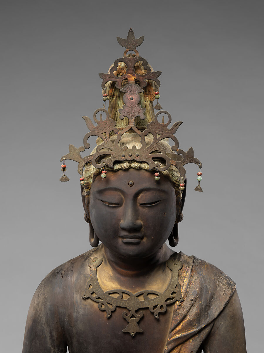 Attendant Bodhisattva Kannon, Wood with lacquer, gold paint, gold leaf, and inlaid crystal, Japan